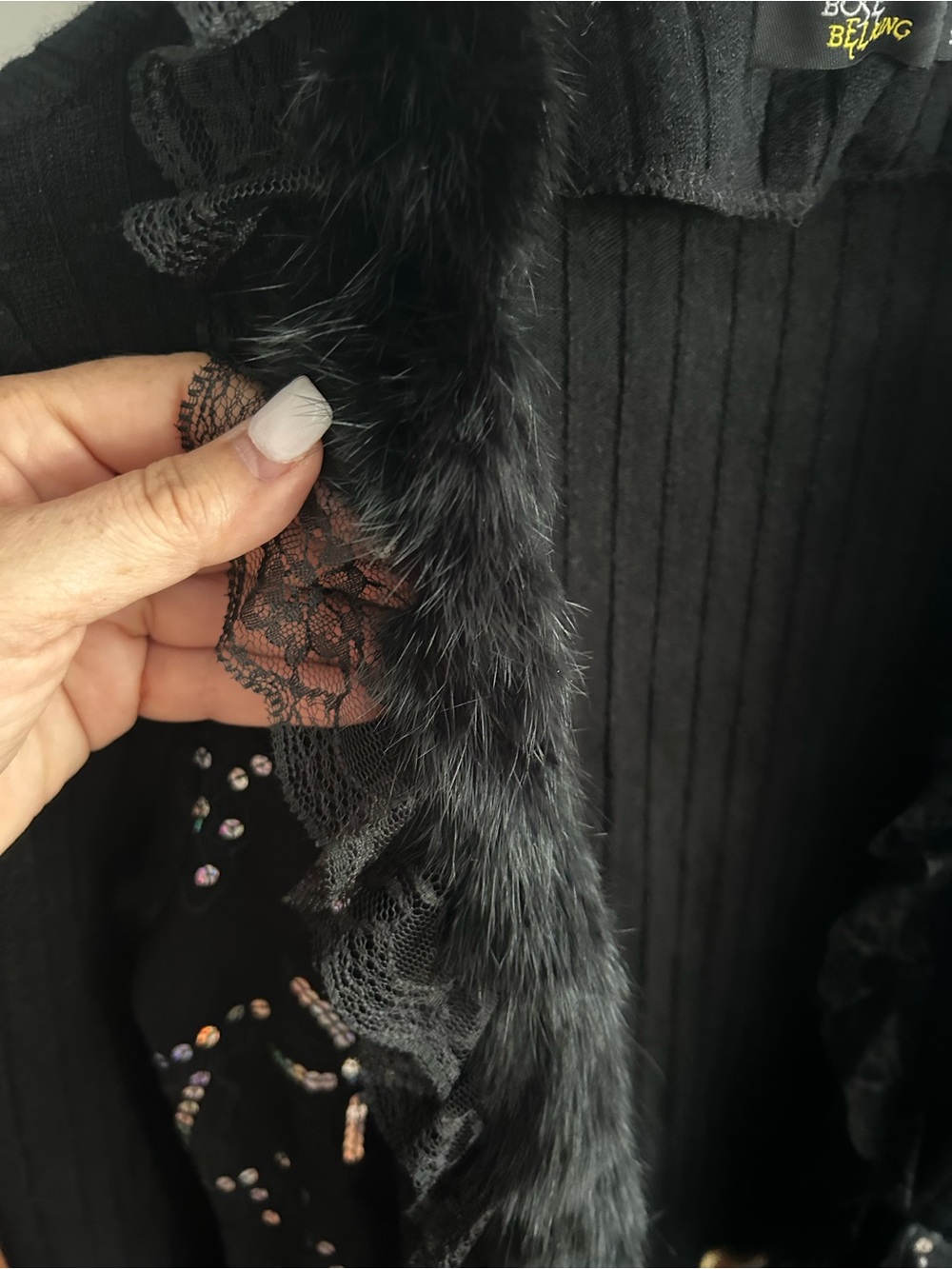 Vtg Knits Lace Sequins Fur Cardigan Sweater XL Linen Blend Whimsigoth Witchy - Picture 5 of 16